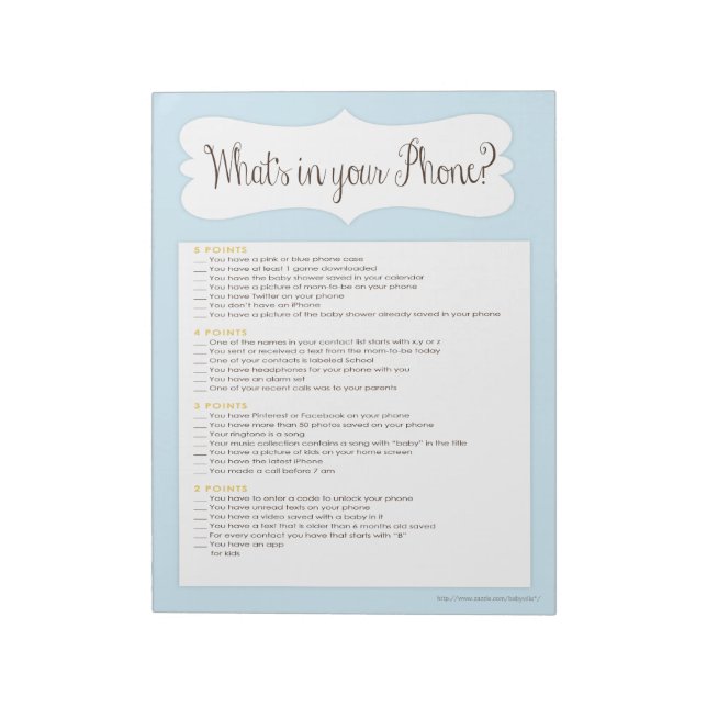 Was ist in Ihrem Telefon Baby Shower Game Notepad  Notizblock (Rotiert)