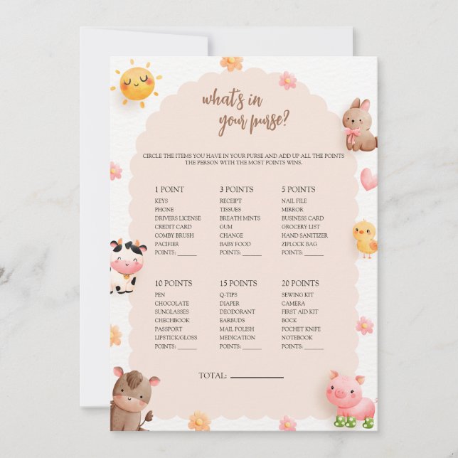 Was ist in Ihrer Purse Baby Shower Game Card Einladung (Vorderseite)