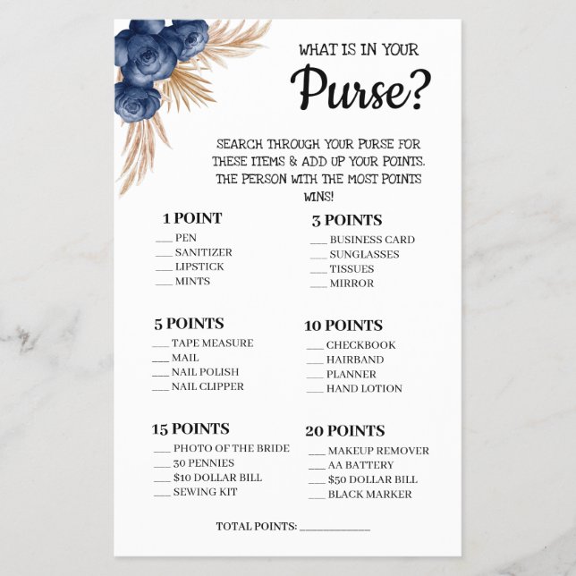 Was ist in Ihrer Purse Blue Blume Shower Game Card Flyer (Vorne)