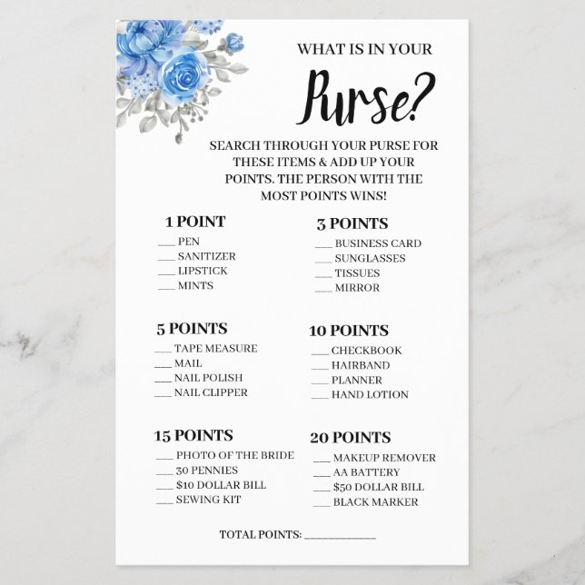 Was ist in Ihrer Purse Blue Blume Shower Game Card Flyer (Vorne)