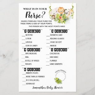 Was ist in Ihrer Purse Jungle Baby Shower Game Car Flyer