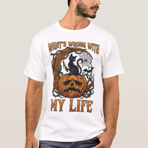 Was ist los Leben Halloween Schwarze Katze Kürbis T-Shirt