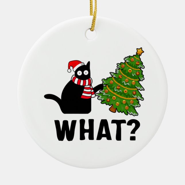 Was Weihnachtsbaum Funny Black Cat Keramik Ornament (Vorne)