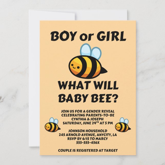 Was wird Baby Bee Geschlecht Enthüllung Einladung (Vorderseite)