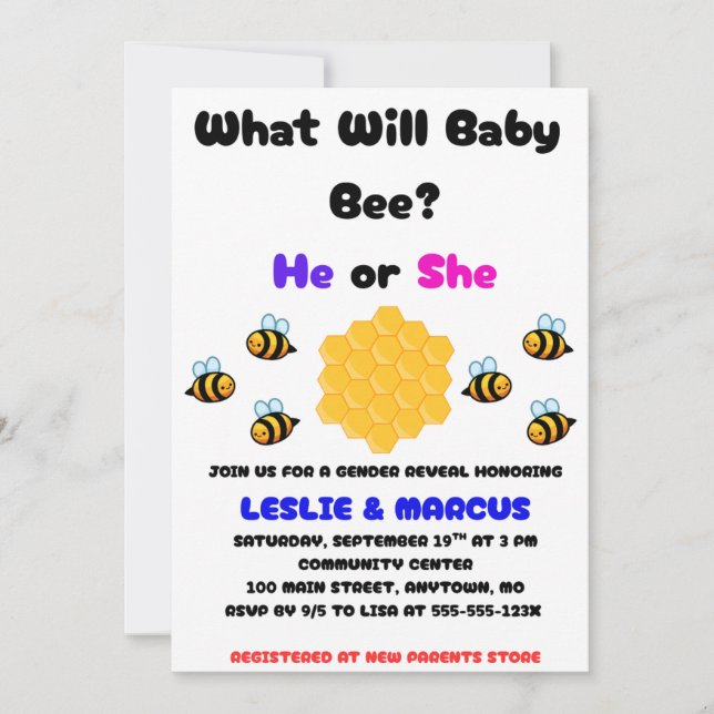 Was wird Baby Bee Geschlecht Enthüllung Einladung (Vorderseite)