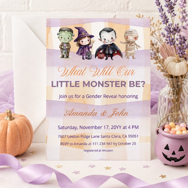 Was wird unser kleines Monster sein - Geschlechtse Einladung (Cute Halloween gender reveal invitation with little monster characters in soft purple orange colors)
