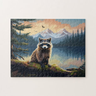 Waschbär auf einem Baumstamm Waldsee