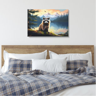 Waschbär auf einem Baumstamm Waldsee Leinwanddruck