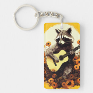 Waschbär-Gitarren-Serenade in Sonnenblumen Schlüsselanhänger