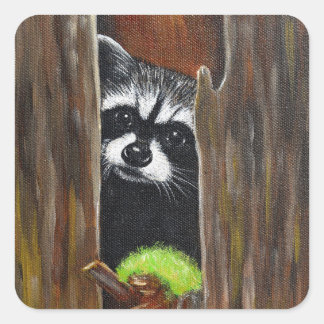Waschbär in einem Baum Gemälde Quadratischer Aufkleber