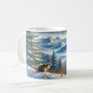 Waschbär in einem schneebedeckten Bergwald Kaffeetasse