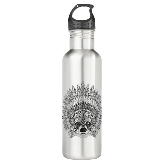 Waschbär in mit Federn versehenem Edelstahlflasche (Vorderseite)