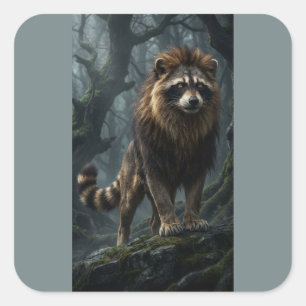 Waschbär Löwe Fantasy-Kreatur – Mystischer Wald  Quadratischer Aufkleber