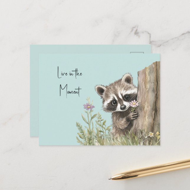 Waschbär mit Blume Postkarte (Vorderseite/Rückseite Beispiel)