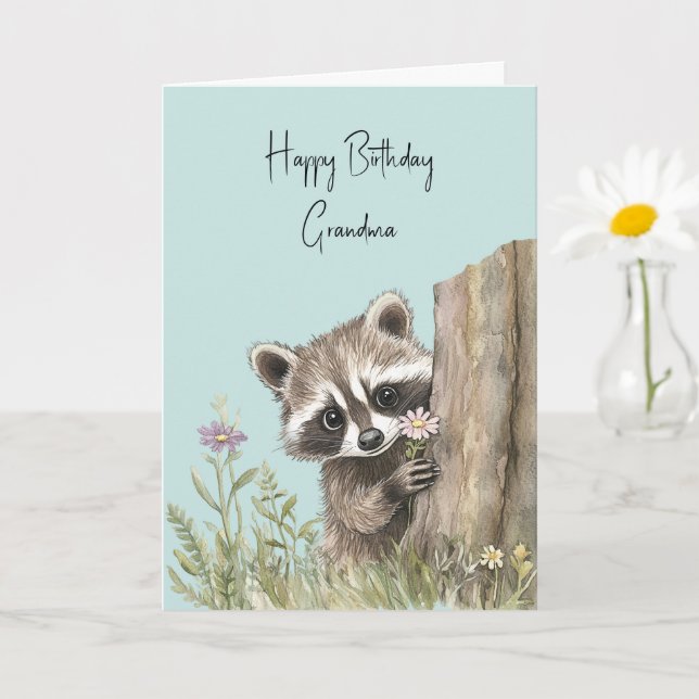 Waschbär mit Blumen Geburtstag Karte (Kleine Pflanze)