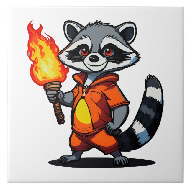Waschbär mit Fackel Fliese (Vorderseite)