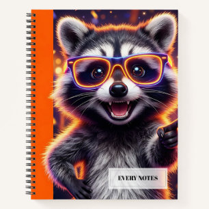 Waschbär mit orange eingefasster leuchtend gelber notizbuch