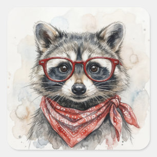 Waschbär mit roter Brille Quadratischer Aufkleber