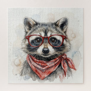 Waschbär mit roter Brille und Bandana
