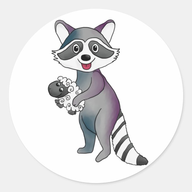 Waschbär mit Schaf Runder Aufkleber (Vorderseite)