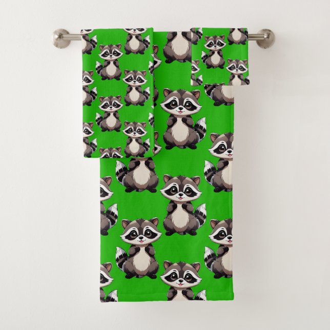 Waschbär-Muster-Design Grün Badhandtuch Set (Insitu)