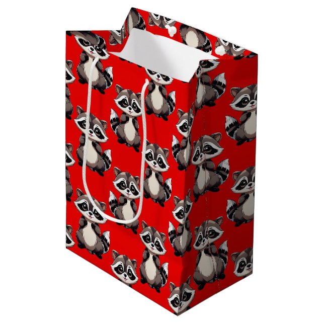 Waschbär-Muster-Design Rot Mittlere Geschenktüte (Vorderseite Schrägansicht)