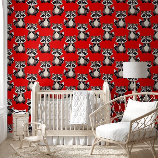 Waschbär-Muster-Design Rot Tapete (Kinder)