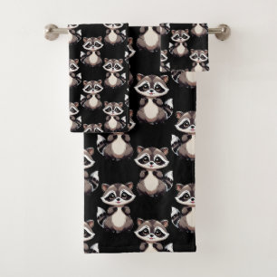 Waschbär-Muster-Design Schwarz Badhandtuch Set