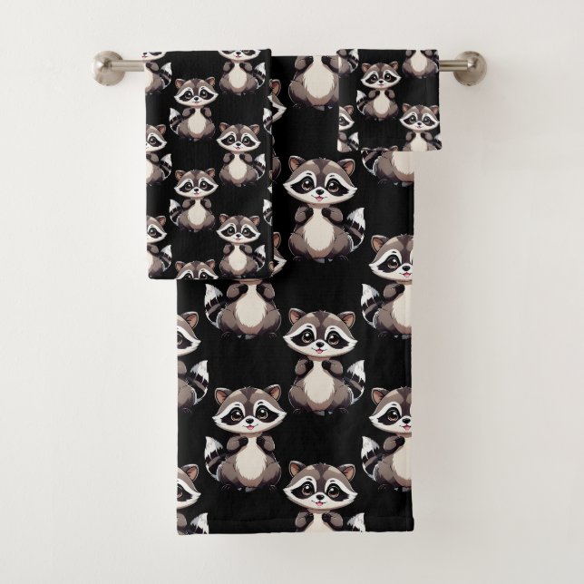 Waschbär-Muster-Design Schwarz Badhandtuch Set (Insitu)