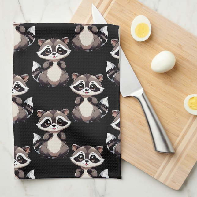 Waschbär-Muster-Design Schwarz Geschirrtuch (Viertel Falte)