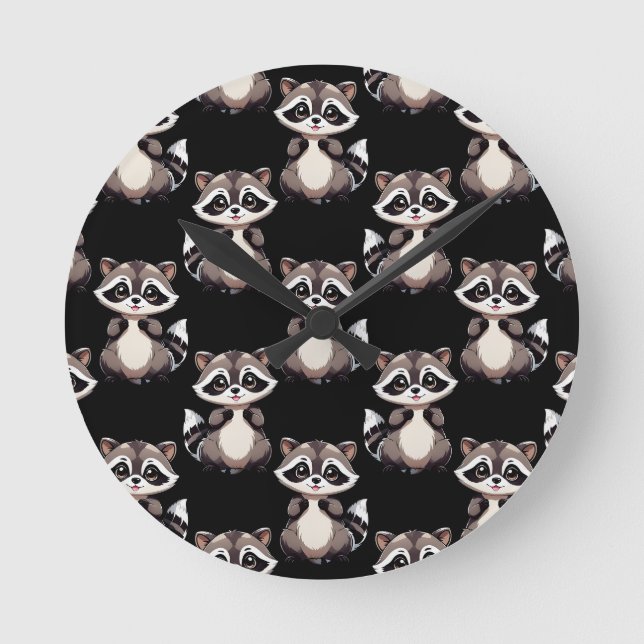 Waschbär-Muster-Design Schwarz Runde Wanduhr (Vorderseite)