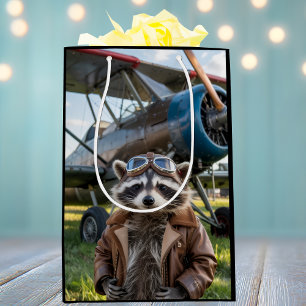 Waschbär-Pilot-Flugzeug Lustiges Foto Geburtstag Mittlere Geschenktüte