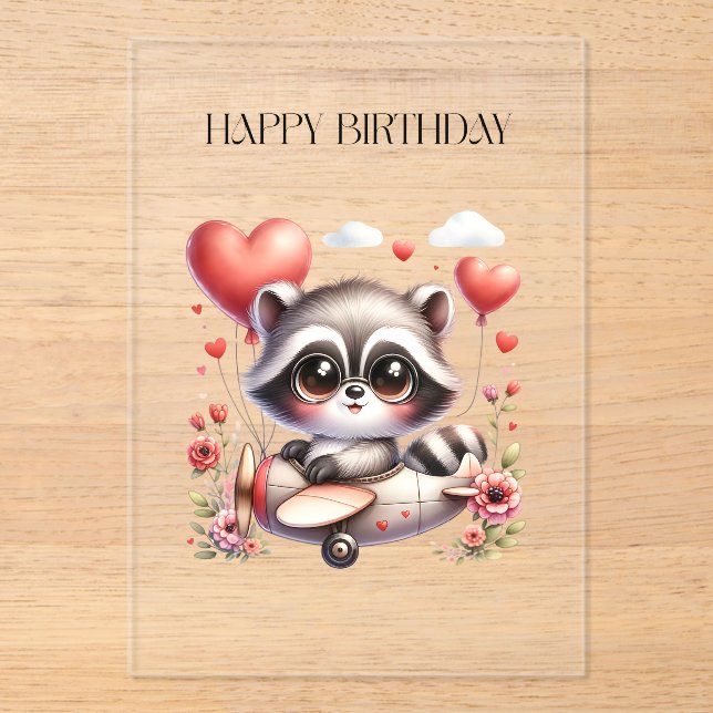 Waschbär-Pilot-Geburtstag Acryleinladungen (Vorderseite)