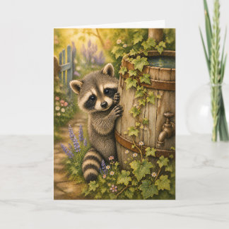 Waschbär-Regenfass-Wasserfarben-Grußkarte leer Karte