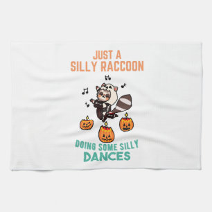 Waschbär tanzt Halloween-Kürbis-Party Geschirrtuch
