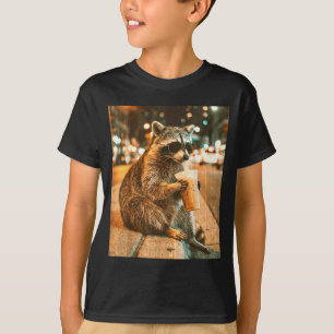 Waschbär trinkt eisgekühlten Kaffee im Vintage-Sti T-Shirt
