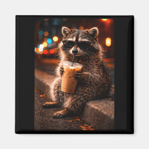 Waschbär trinkt eisgekühlten Kaffee lustiger Müll- Magnet