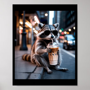 Waschbär trinkt eisgekühlten Kaffee lustiger Tier- Poster