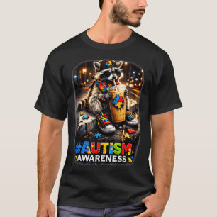 Waschbär trinkt Eiskaffee Autismus-Bewusstsein T-Shirt