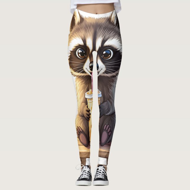 Waschbär trinkt Eiskaffee Leggings (Vorderseite)