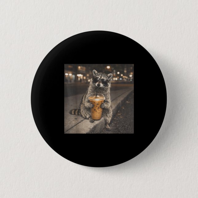 Waschbär trinkt Eiskaffee lustiger Tier-Meme Männe Button (Vorderseite)