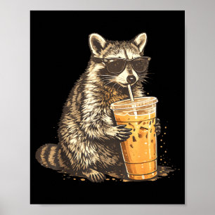 Waschbär trinkt Eiskaffee lustiger Tier-Meme Männe Poster