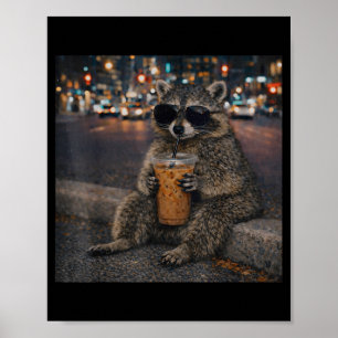 Waschbär trinkt Eiskaffee lustiger Tier-Meme Männe Poster