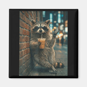 Waschbär trinkt Eiskaffee Rock on Meme lustig  Magnet