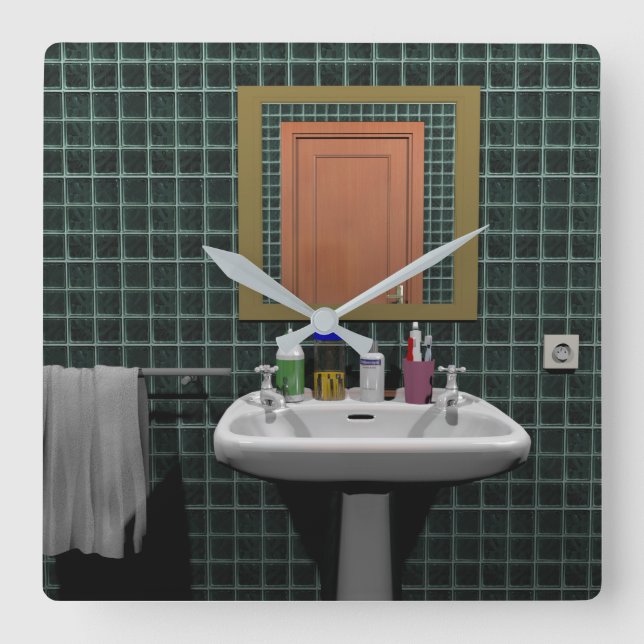 Waschbecken im Badezimmer Quadratische Wanduhr (Vorderseite)