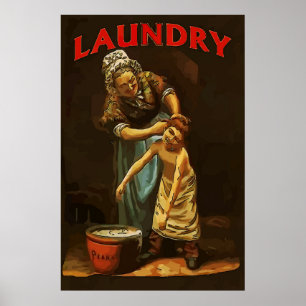 Wäsche, Junge am Waschzuber aus der Vergangenheit. Poster
