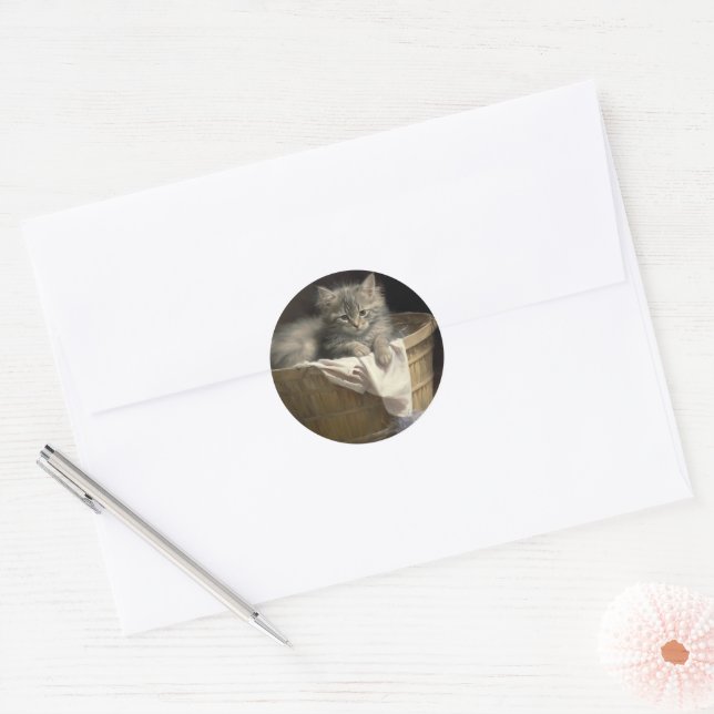 Wäsche- oder Spielzeit Grau-Kitten-Portrait Runder Aufkleber (Umschlag)