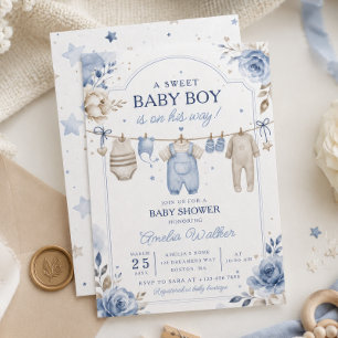 Wäscheleine Baby Junge Aquarell Babyparty Einladung