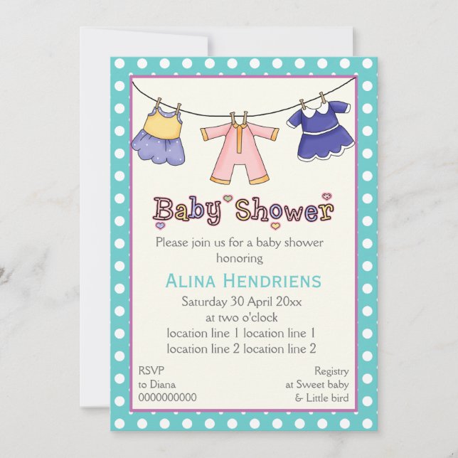 Wäscheleine Babydusche personalisiert Einladung (Vorderseite)