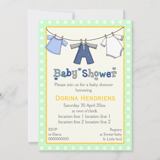 Wäscheleine Babydusche personalisiert Einladung (Vorderseite)